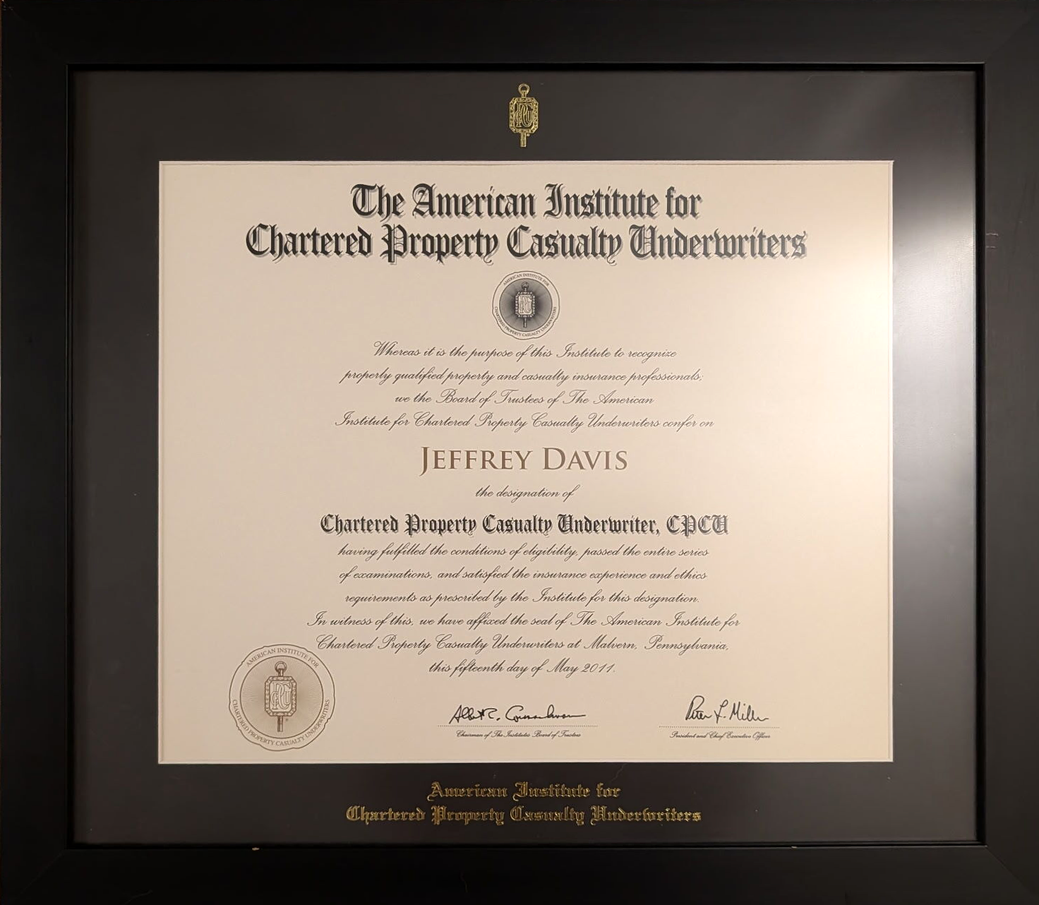 Jeff Davis’s Chartered Property Casualty Underwriter credential