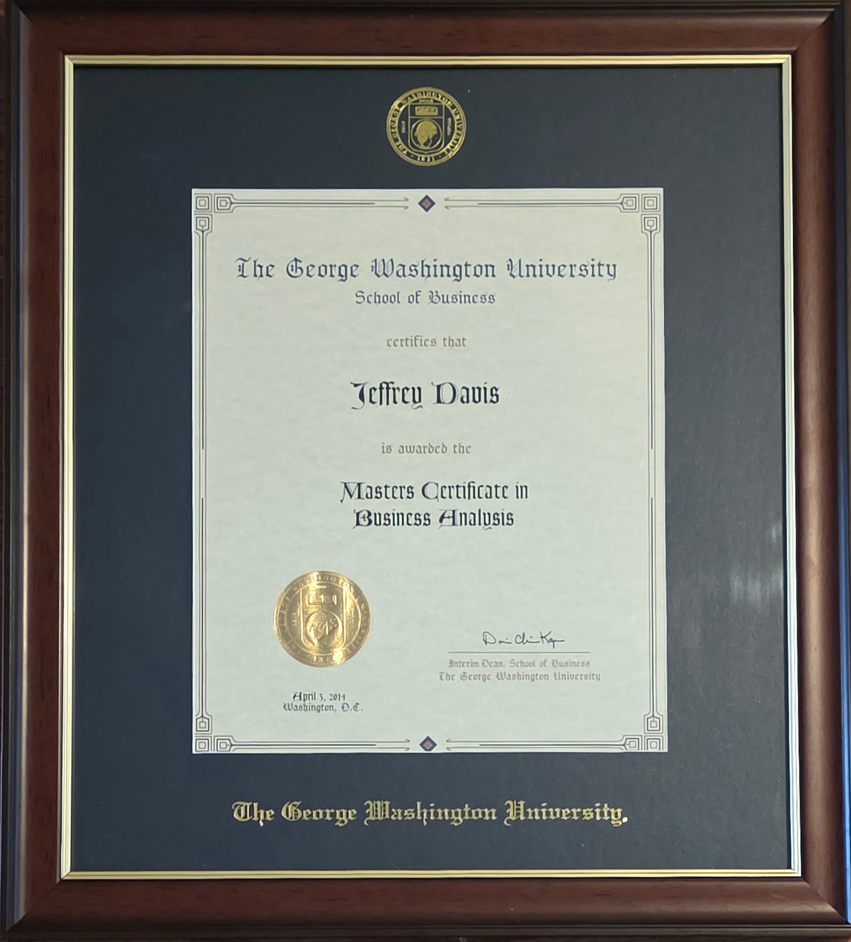 George Washington University Master’s Certificate in Business Analysis awarded to Jeffrey Davis